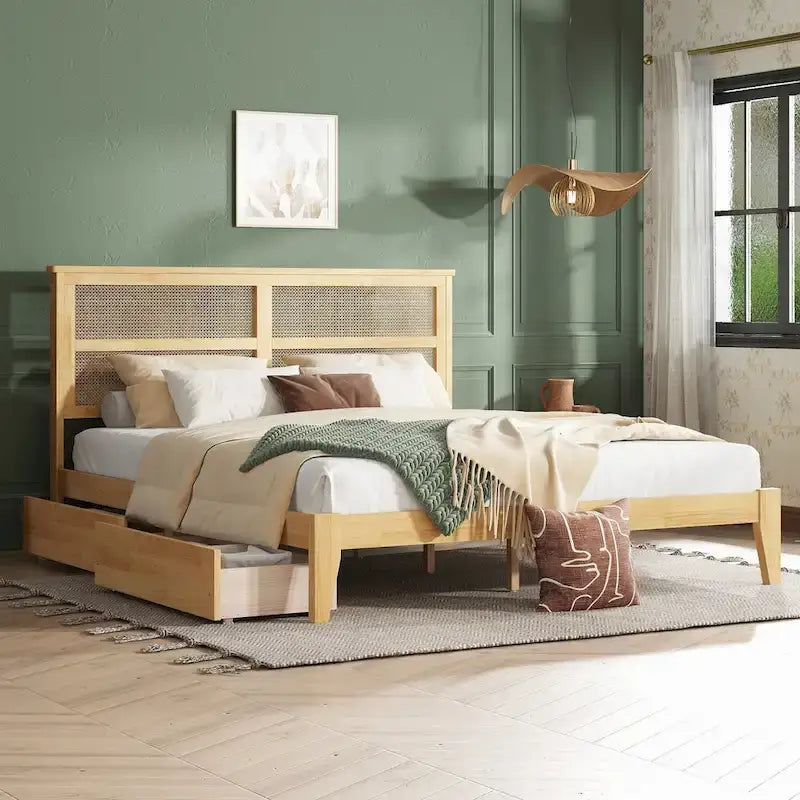 King Size Bed with Rattan Headboard, 2 Storage Drawers, Rubber Wood Bed with Enhanced Support Salts and Feet, White Oak