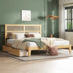 King Size Bed with Rattan Headboard, 2 Storage Drawers, Rubber Wood Bed with Enhanced Support Salts and Feet, White Oak