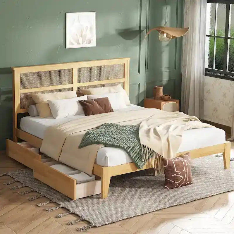King Size Bed with Rattan Headboard, 2 Storage Drawers, Rubber Wood Bed with Enhanced Support Salts and Feet, White Oak