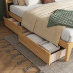 King Size Bed with Rattan Headboard, 2 Storage Drawers, Rubber Wood Bed with Enhanced Support Salts and Feet, White Oak
