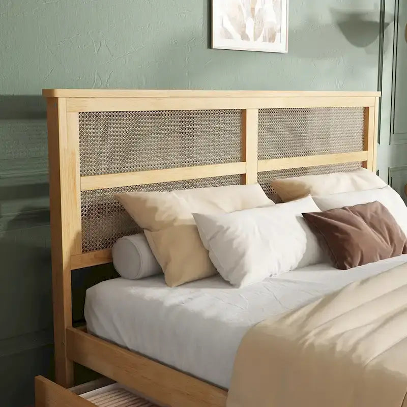 King Size Bed with Rattan Headboard, 2 Storage Drawers, Rubber Wood Bed with Enhanced Support Salts and Feet, White Oak