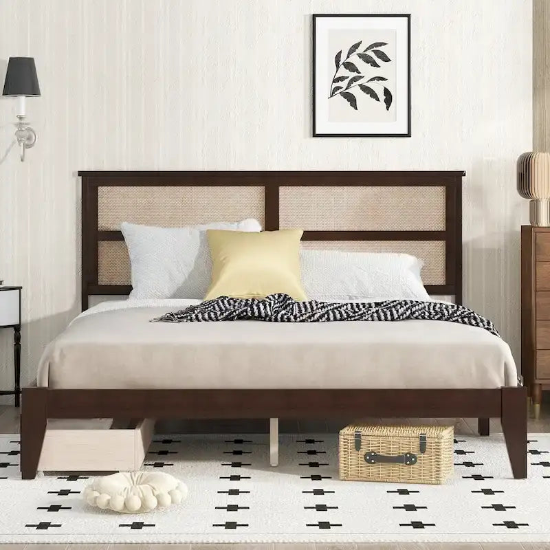 King Size Bed with Rattan Headboard, 2 Storage Drawers, Rubber Wood Bed with Enhanced Support Salts and Feet, White Oak