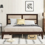King Size Bed with Rattan Headboard, 2 Storage Drawers, Rubber Wood Bed with Enhanced Support Salts and Feet, White Oak