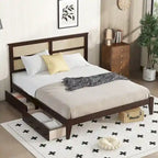King Size Bed with Rattan Headboard, 2 Storage Drawers, Rubber Wood Bed with Enhanced Support Salts and Feet, White Oak