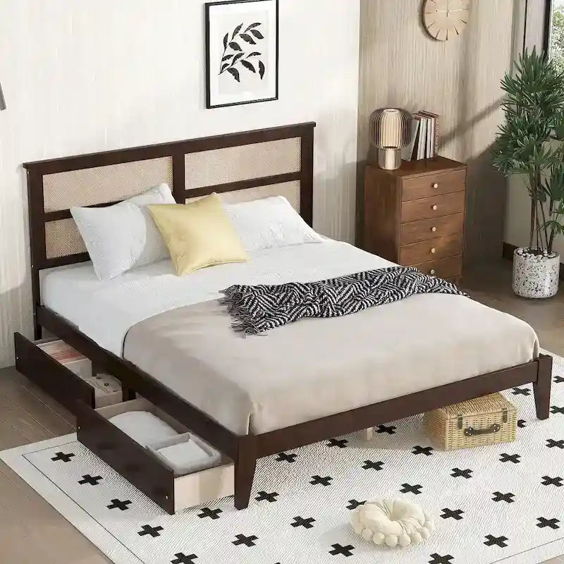 King Size Bed with Rattan Headboard, 2 Storage Drawers, Rubber Wood Bed with Enhanced Support Salts and Feet, White Oak