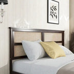 King Size Bed with Rattan Headboard, 2 Storage Drawers, Rubber Wood Bed with Enhanced Support Salts and Feet, White Oak