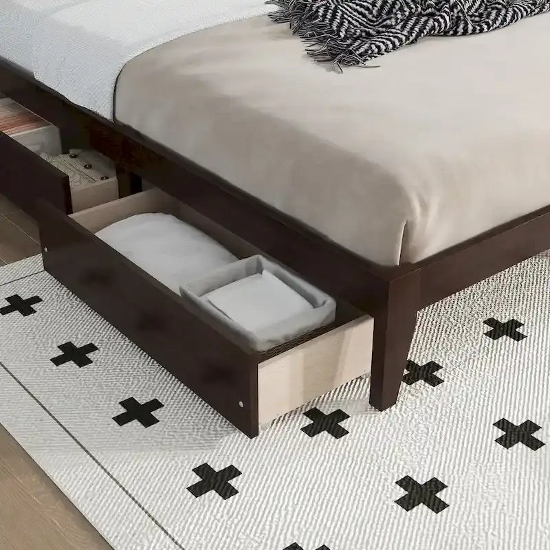 King Size Bed with Rattan Headboard, 2 Storage Drawers, Rubber Wood Bed with Enhanced Support Salts and Feet, White Oak