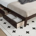 King Size Bed with Rattan Headboard, 2 Storage Drawers, Rubber Wood Bed with Enhanced Support Salts and Feet, White Oak