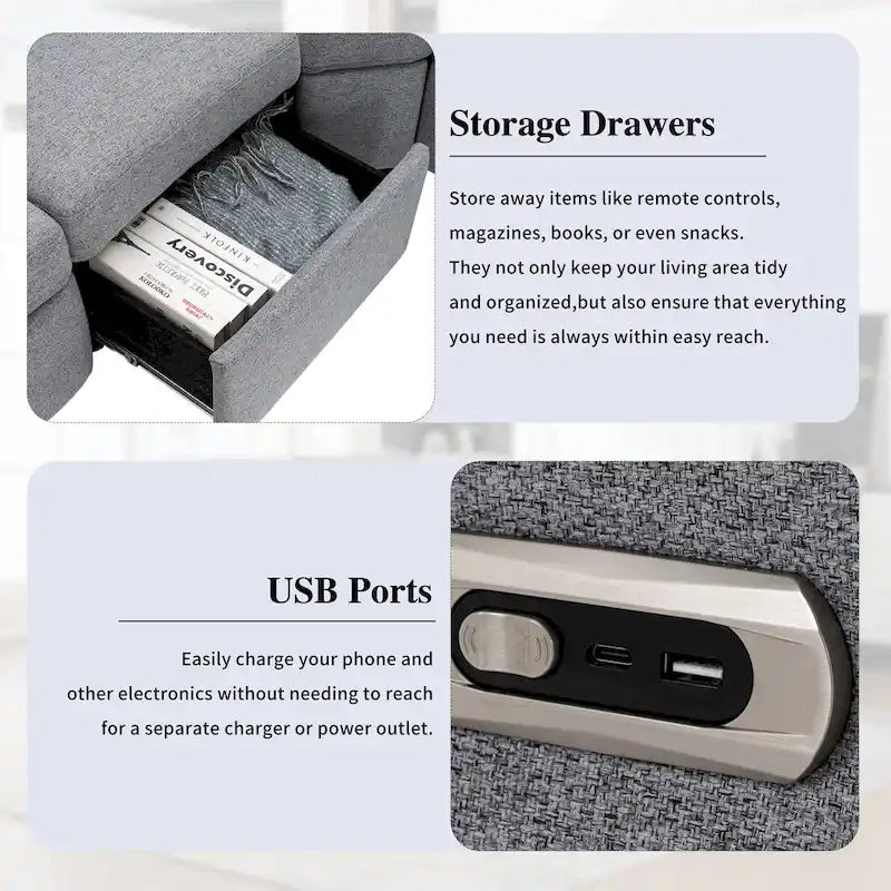 Power Recliner Sectional Sofa with 2 Storage Drawers and USB Ports Living Room L-Shaped Corner Couch for Home Theater