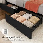 Linen Upholstered Bed Frame with 4 Storage Drawers