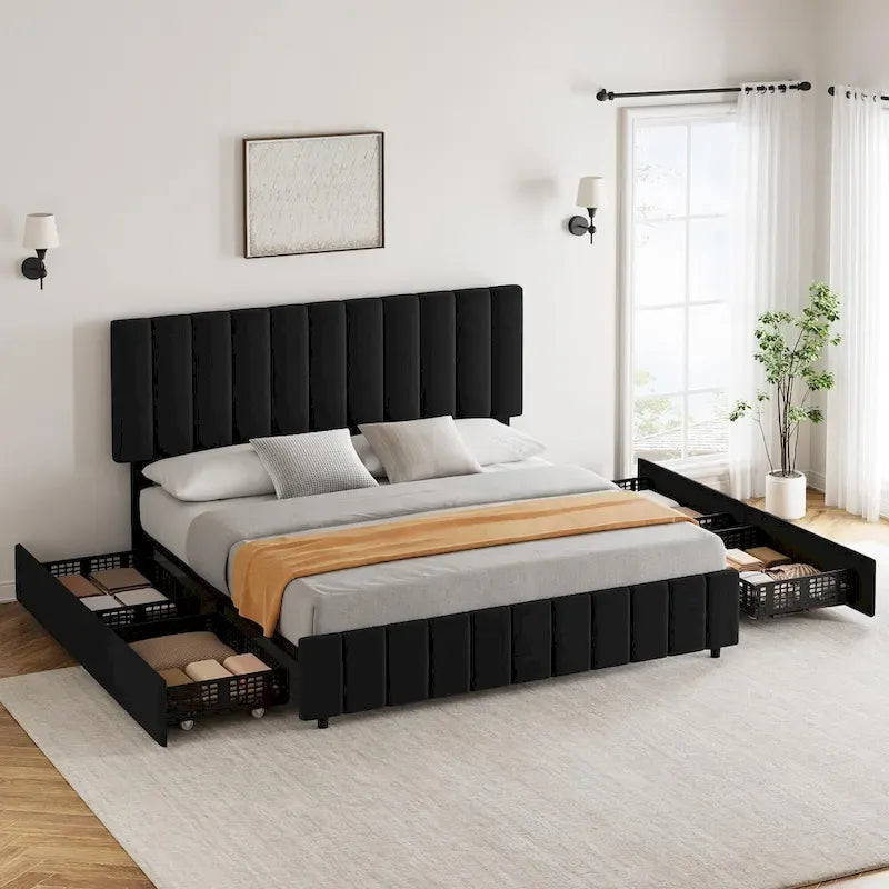 Linen Upholstered Bed Frame with 4 Storage Drawers