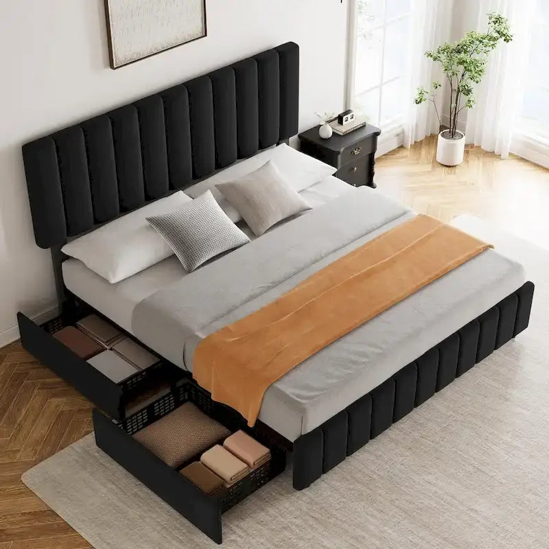 Linen Upholstered Bed Frame with 4 Storage Drawers