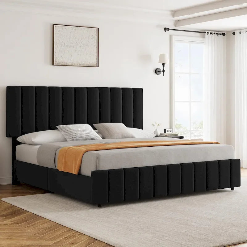 Linen Upholstered Bed Frame with 4 Storage Drawers