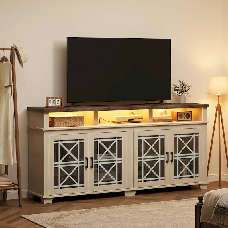 TV Stand for 80 inch, Mid Century Modern Entertainment Center with LED Lights and Storage - 65 inches