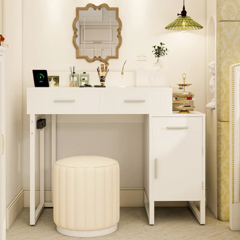 Reversible Makeup Vanity Desk With Charging Station and 4 Wooden Drawers and 1 Cabinet - N/A