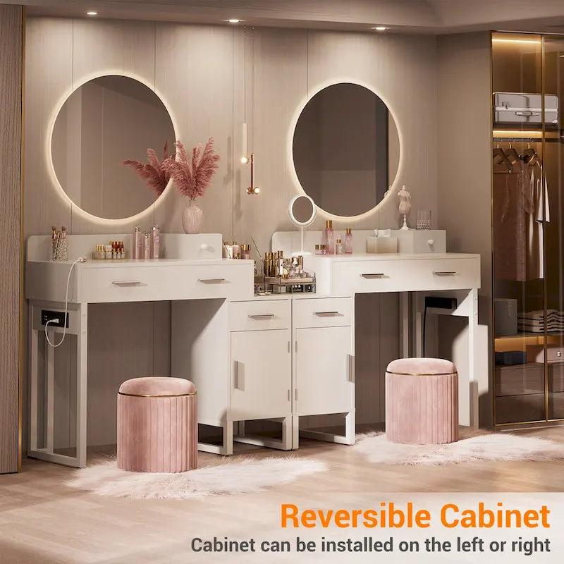 Reversible Makeup Vanity Desk With Charging Station and 4 Wooden Drawers and 1 Cabinet - N/A
