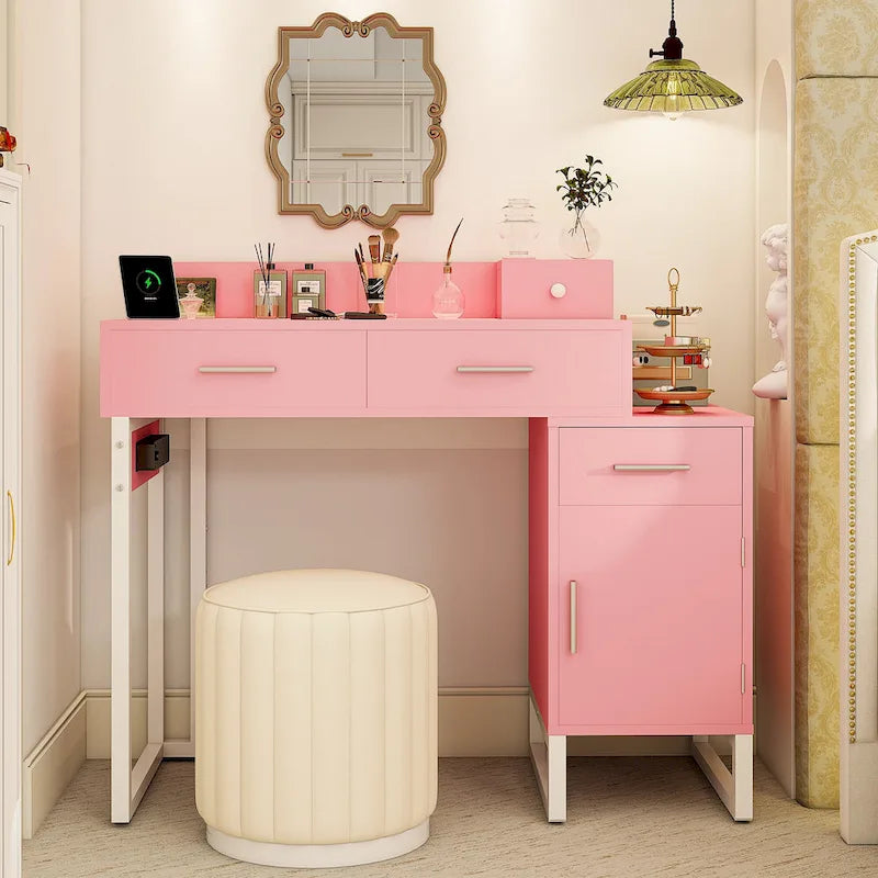Reversible Makeup Vanity Desk With Charging Station and 4 Wooden Drawers and 1 Cabinet - N/A