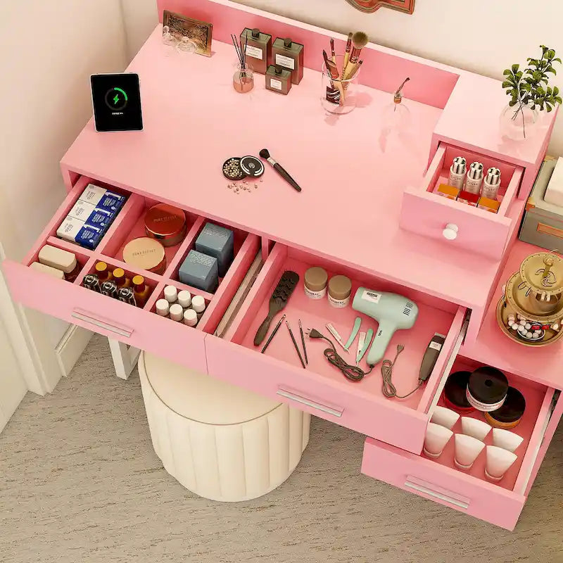 Reversible Makeup Vanity Desk With Charging Station and 4 Wooden Drawers and 1 Cabinet - N/A