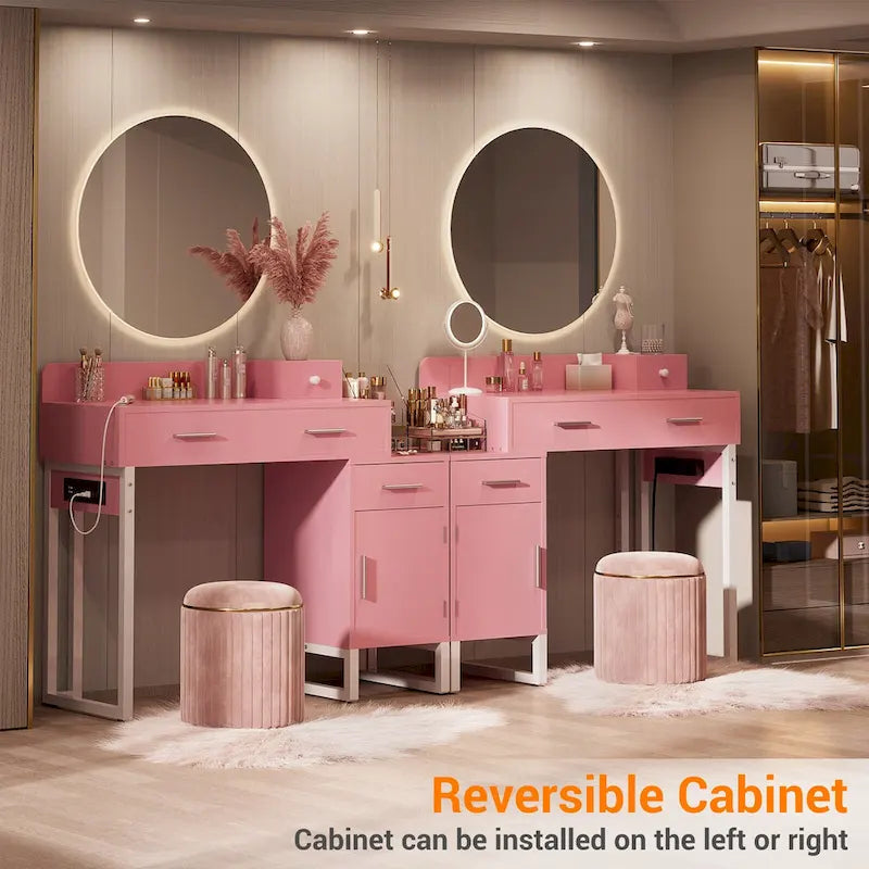 Reversible Makeup Vanity Desk With Charging Station and 4 Wooden Drawers and 1 Cabinet - N/A