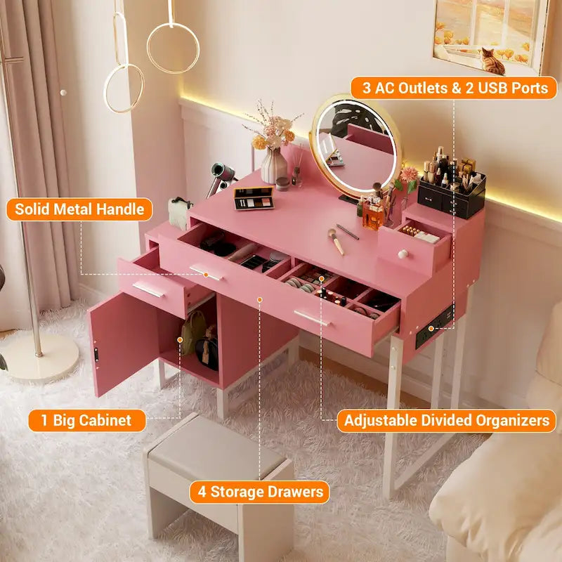 Reversible Makeup Vanity Desk With Charging Station and 4 Wooden Drawers and 1 Cabinet - N/A