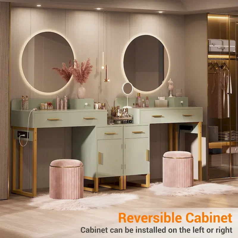 Reversible Makeup Vanity Desk With Charging Station and 4 Wooden Drawers and 1 Cabinet - N/A