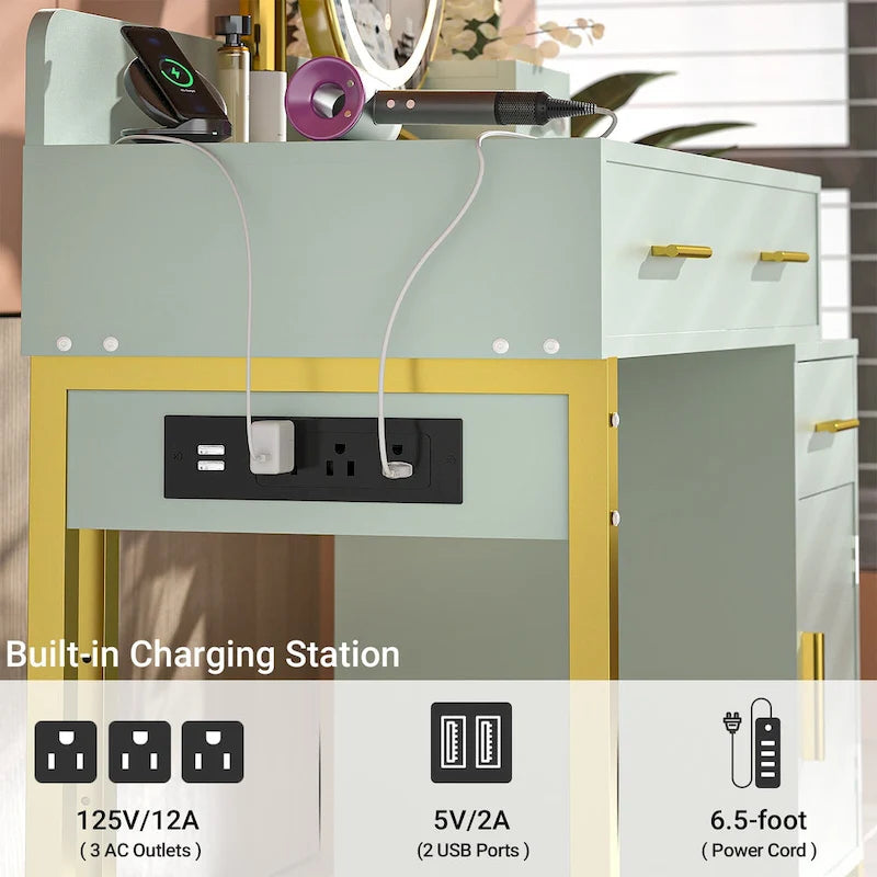 Reversible Makeup Vanity Desk With Charging Station and 4 Wooden Drawers and 1 Cabinet - N/A