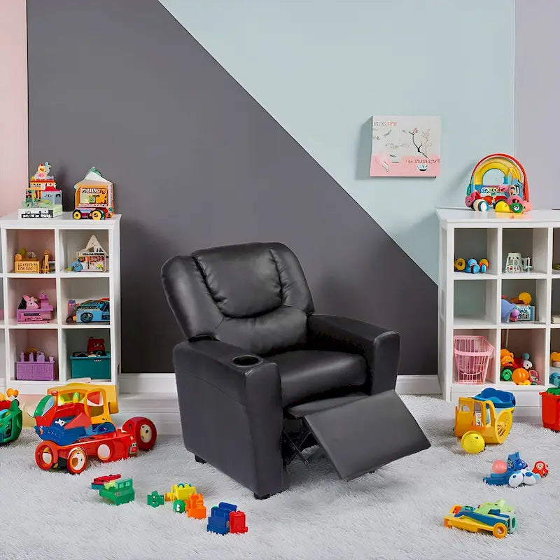 Kids Push Back Recliner Chair with Footrest and Cup Holders