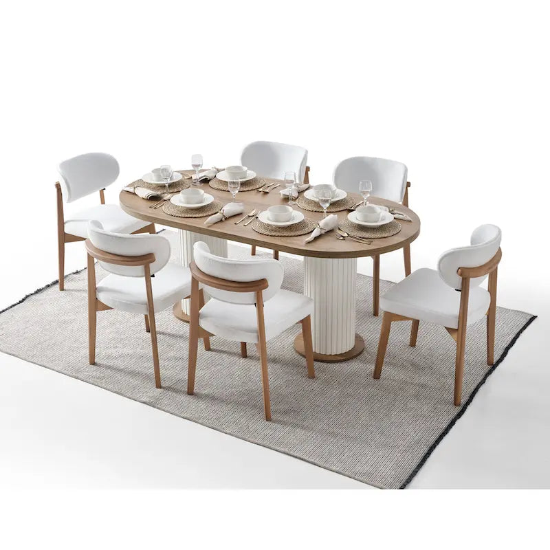 Bari 7-Piece Oval Dining Table And 6 Dining Chair With Wood Leg Set