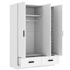 3-Door Bedroom Wardrobe Closet with Hanging Rod and 2 Storage Drawers, Solid Wood Armoire Clothes Organizer with Storage Shelves