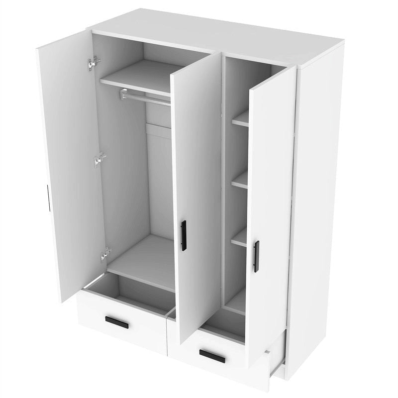 3-Door Bedroom Wardrobe Closet with Hanging Rod and 2 Storage Drawers, Solid Wood Armoire Clothes Organizer with Storage Shelves