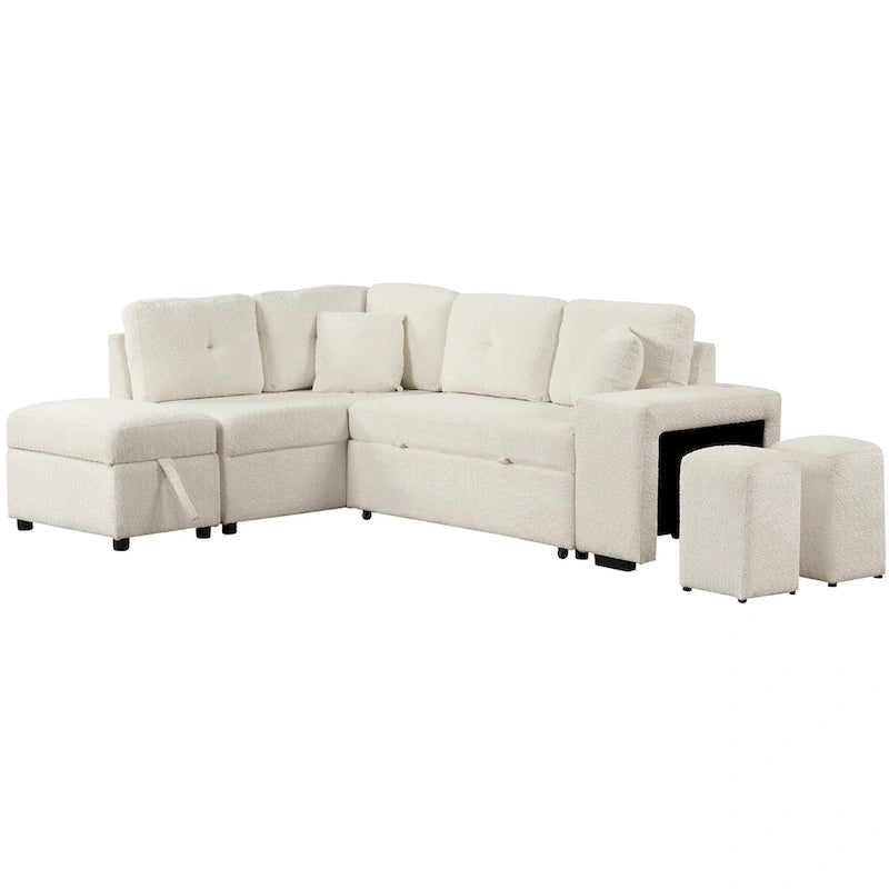 Roomfitters Convertible Sleeper Sectional Sofa Bed with Storage Ottoman, Two Throw Pillows, Two Stools, Wireless Charger