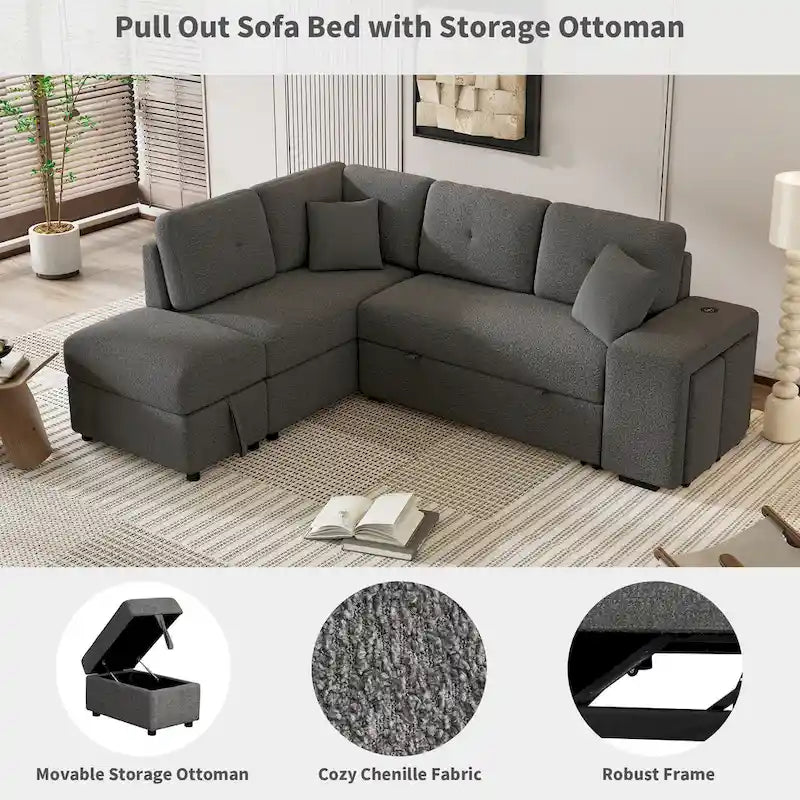 Roomfitters Convertible Sleeper Sectional Sofa Bed with Storage Ottoman, Two Throw Pillows, Two Stools, Wireless Charger