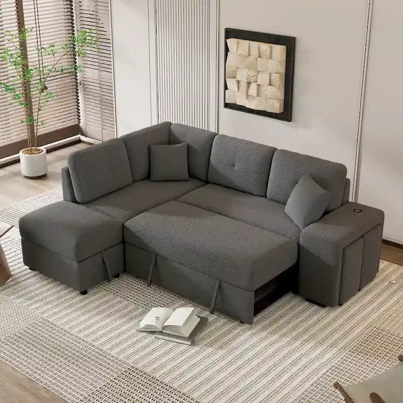 Roomfitters Convertible Sleeper Sectional Sofa Bed with Storage Ottoman, Two Throw Pillows, Two Stools, Wireless Charger