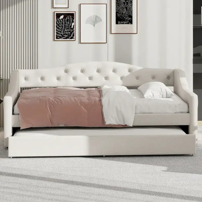 Upholstered Twin XL Size Daybed with LED Belt and Trundle, 84L x 41.5W x 27H