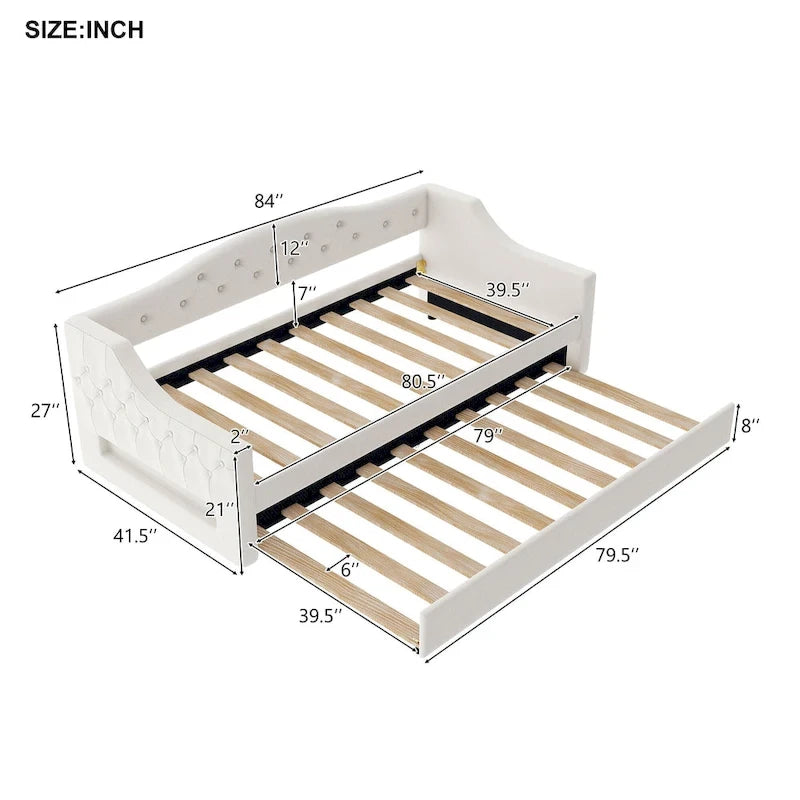 Upholstered Twin XL Size Daybed with LED Belt and Trundle, 84L x 41.5W x 27H