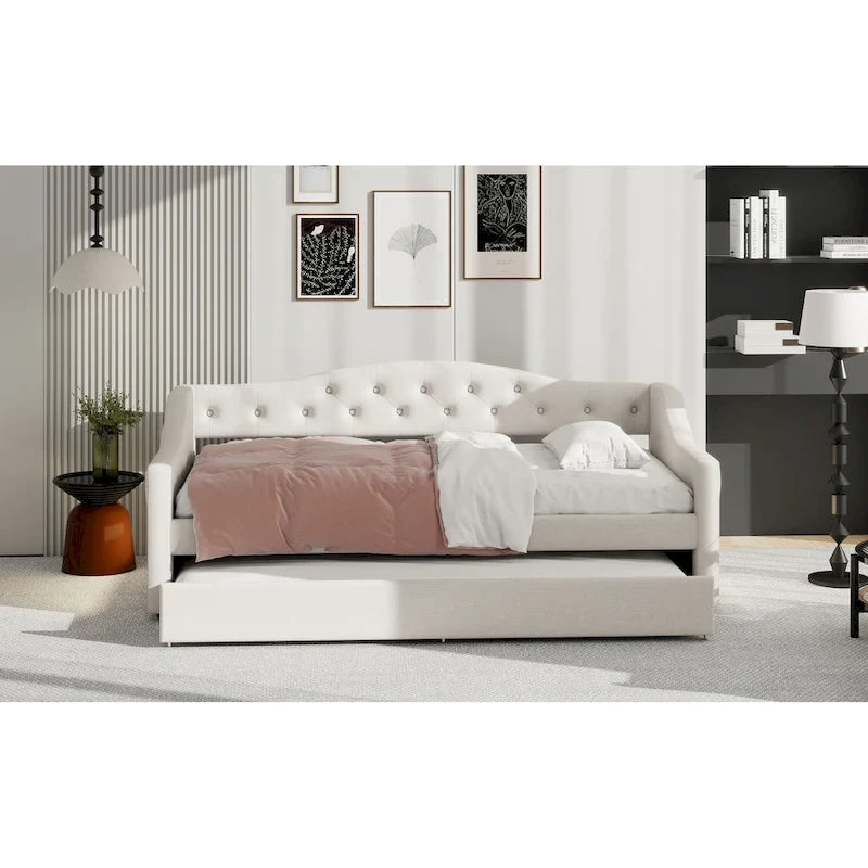 Upholstered Twin XL Size Daybed with LED Belt and Trundle, 84L x 41.5W x 27H