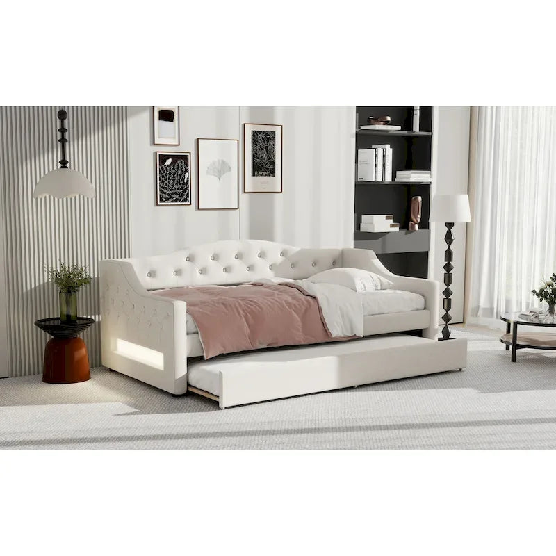 Upholstered Twin XL Size Daybed with LED Belt and Trundle, 84L x 41.5W x 27H