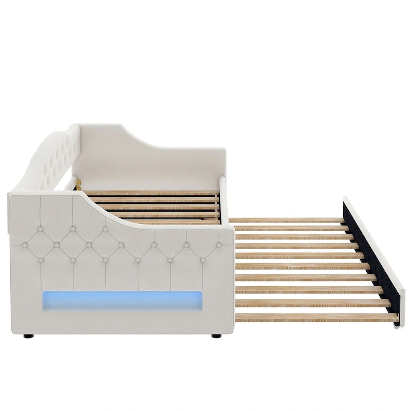 Upholstered Twin XL Size Daybed with LED Belt and Trundle, 84L x 41.5W x 27H