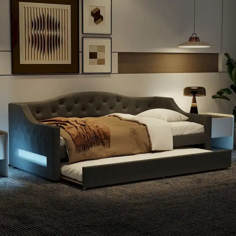 Upholstered Twin XL Size Daybed with LED Belt and Trundle, 84L x 41.5W x 27H