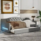 Upholstered Twin XL Size Daybed with LED Belt and Trundle, 84L x 41.5W x 27H