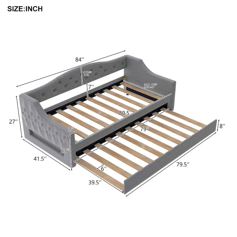 Upholstered Twin XL Size Daybed with LED Belt and Trundle, 84L x 41.5W x 27H
