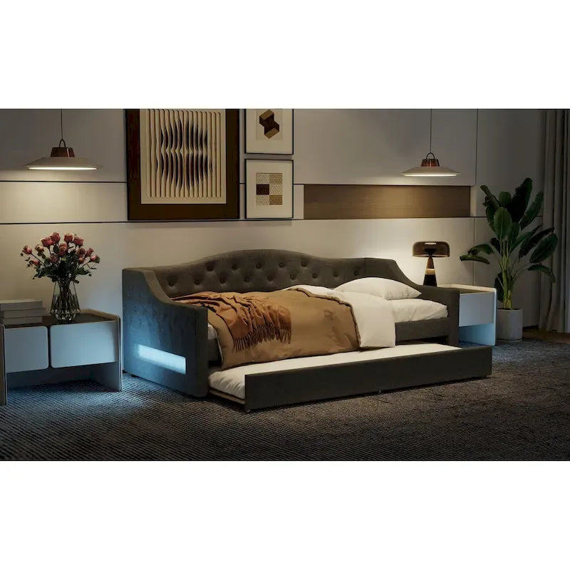 Upholstered Twin XL Size Daybed with LED Belt and Trundle, 84L x 41.5W x 27H