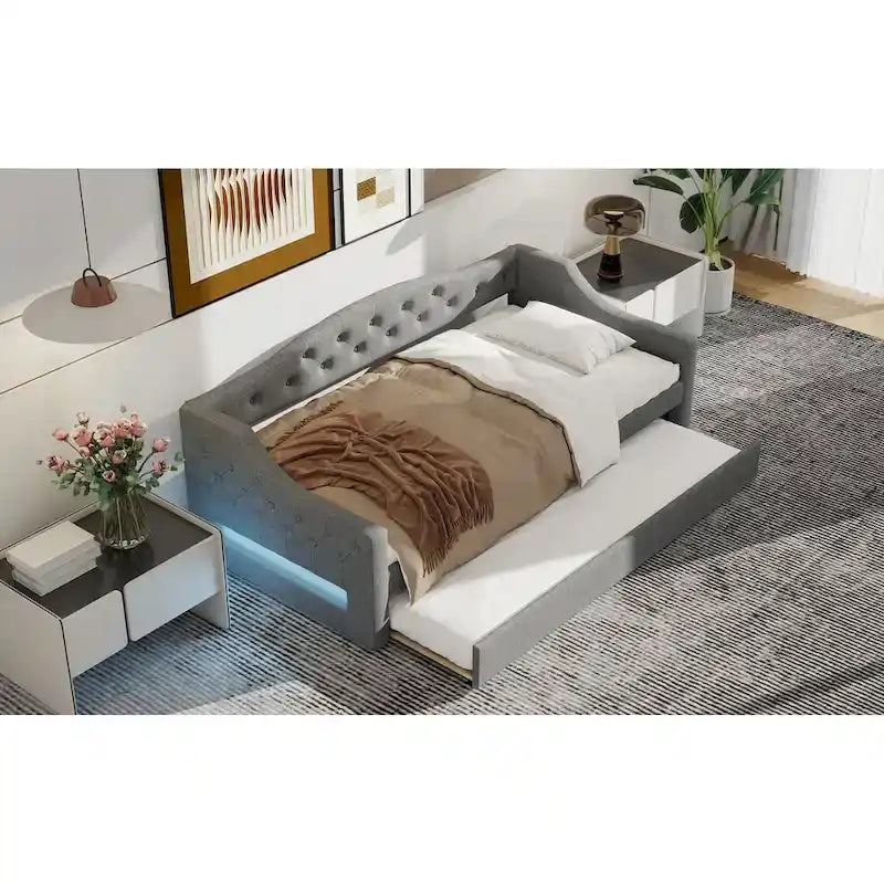 Upholstered Twin XL Size Daybed with LED Belt and Trundle, 84L x 41.5W x 27H