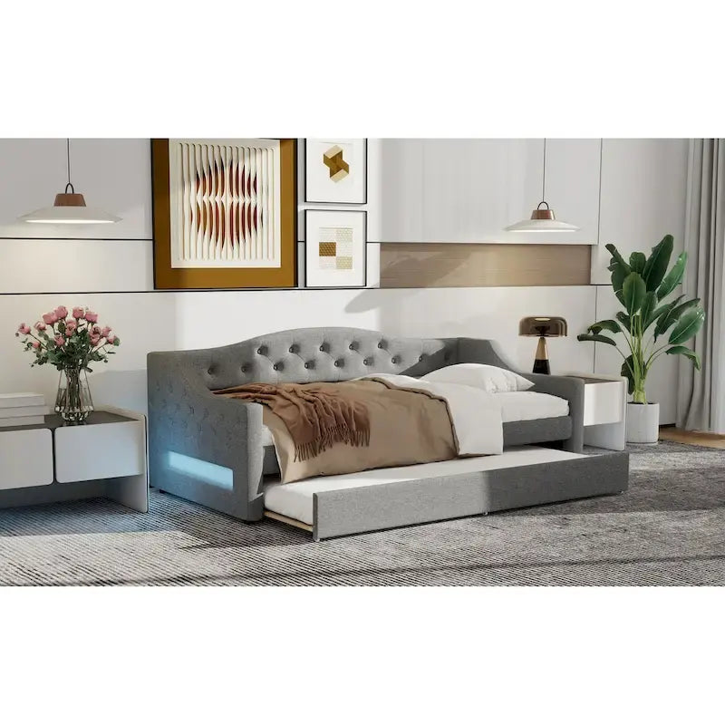 Upholstered Twin XL Size Daybed with LED Belt and Trundle, 84L x 41.5W x 27H