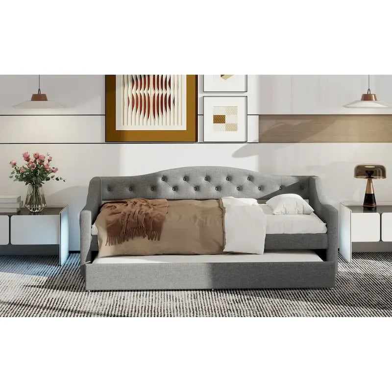 Upholstered Twin XL Size Daybed with LED Belt and Trundle, 84L x 41.5W x 27H