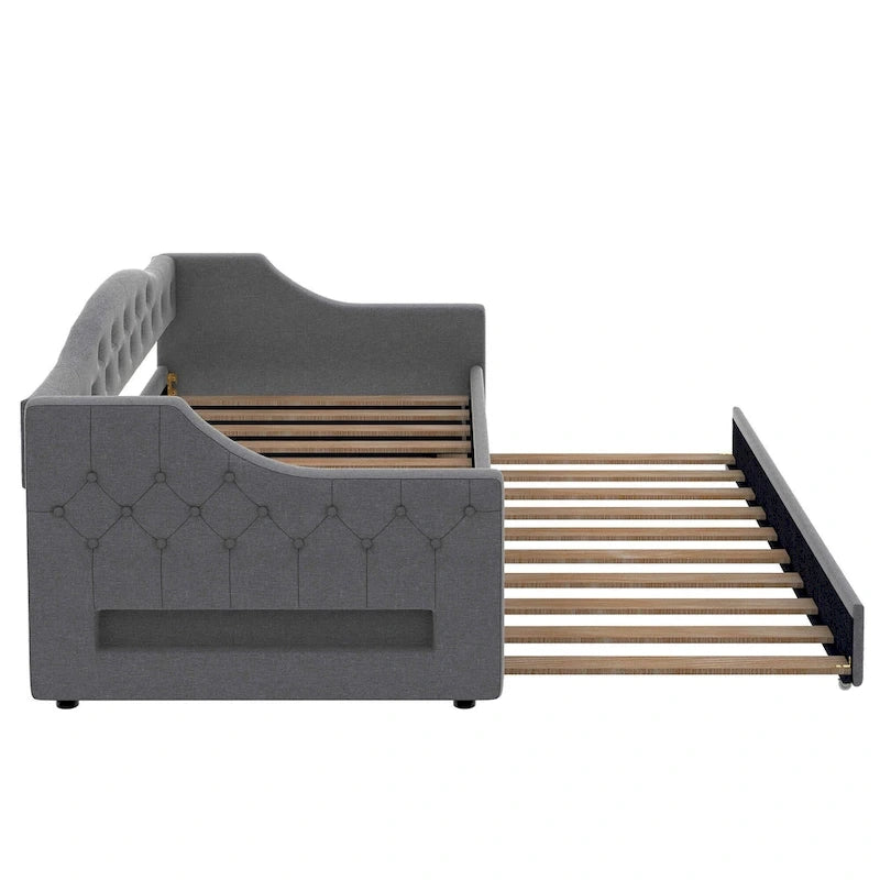 Upholstered Twin XL Size Daybed with LED Belt and Trundle, 84L x 41.5W x 27H