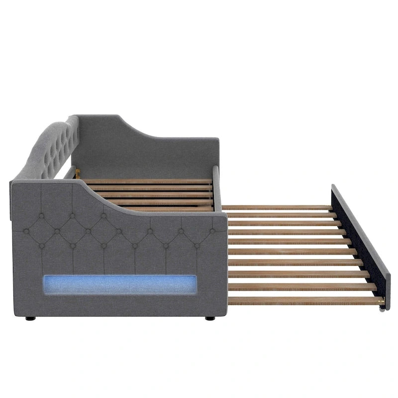 Upholstered Twin XL Size Daybed with LED Belt and Trundle, 84L x 41.5W x 27H