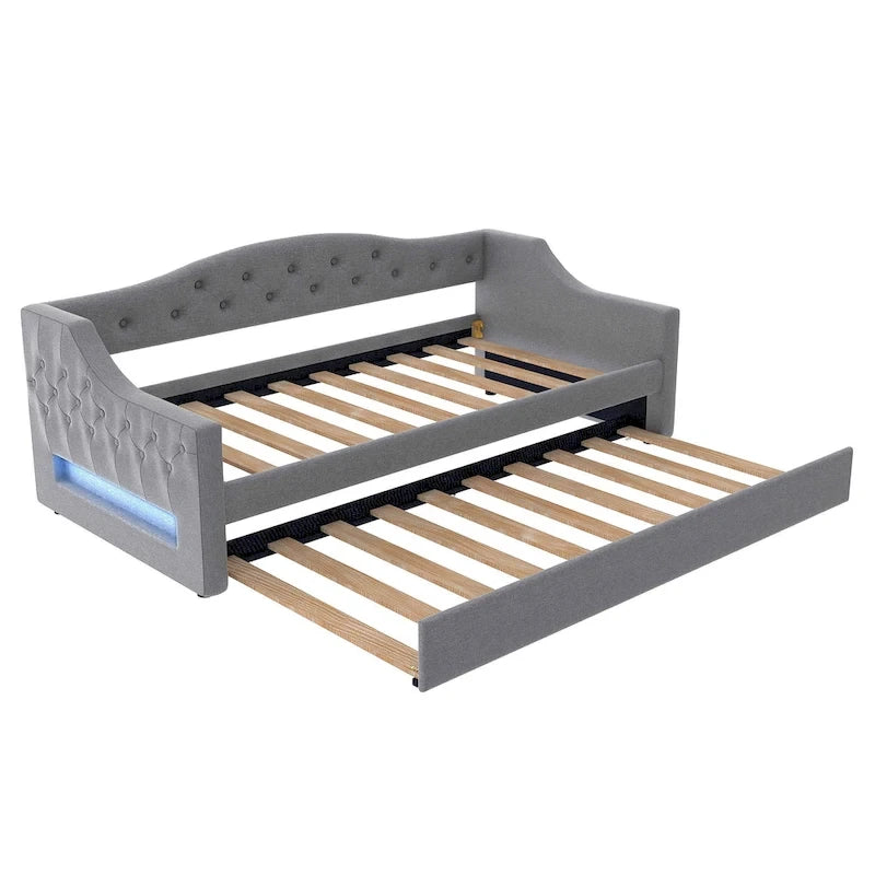 Upholstered Twin XL Size Daybed with LED Belt and Trundle, 84L x 41.5W x 27H