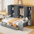 Wooden Daybed Frame All-in-One Bookcase Captains Bed with Storage Cabinet, Wardrobe, Side Writing Desk and 3 Bottom Drawers