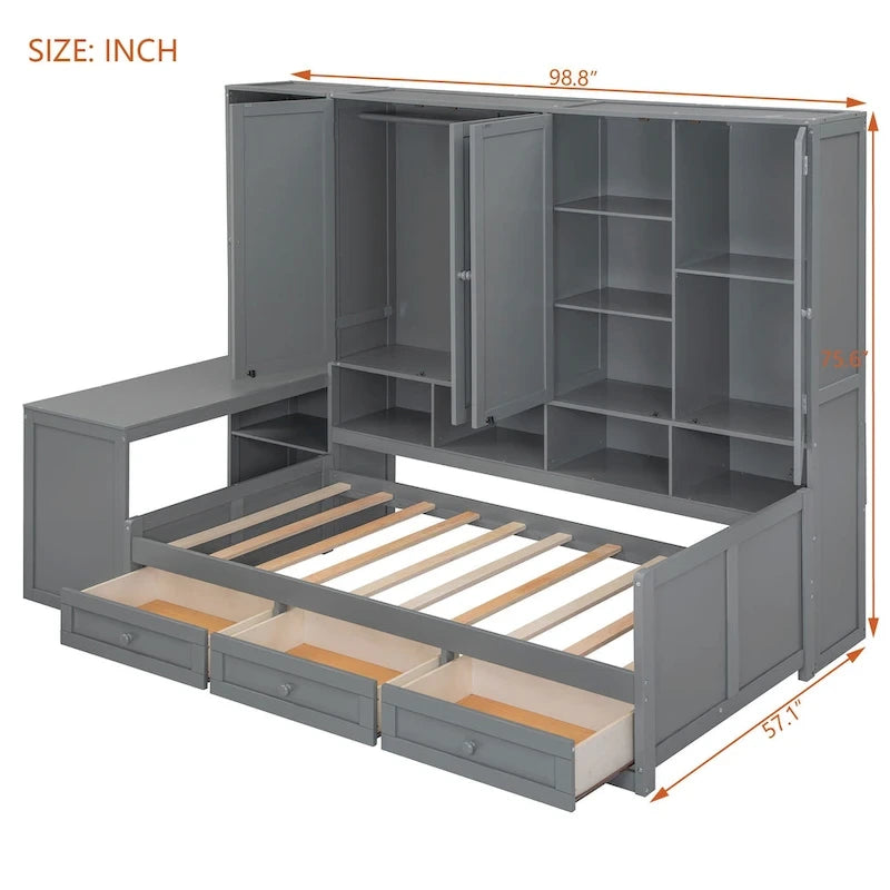 Wooden Daybed Frame All-in-One Bookcase Captains Bed with Storage Cabinet, Wardrobe, Side Writing Desk and 3 Bottom Drawers